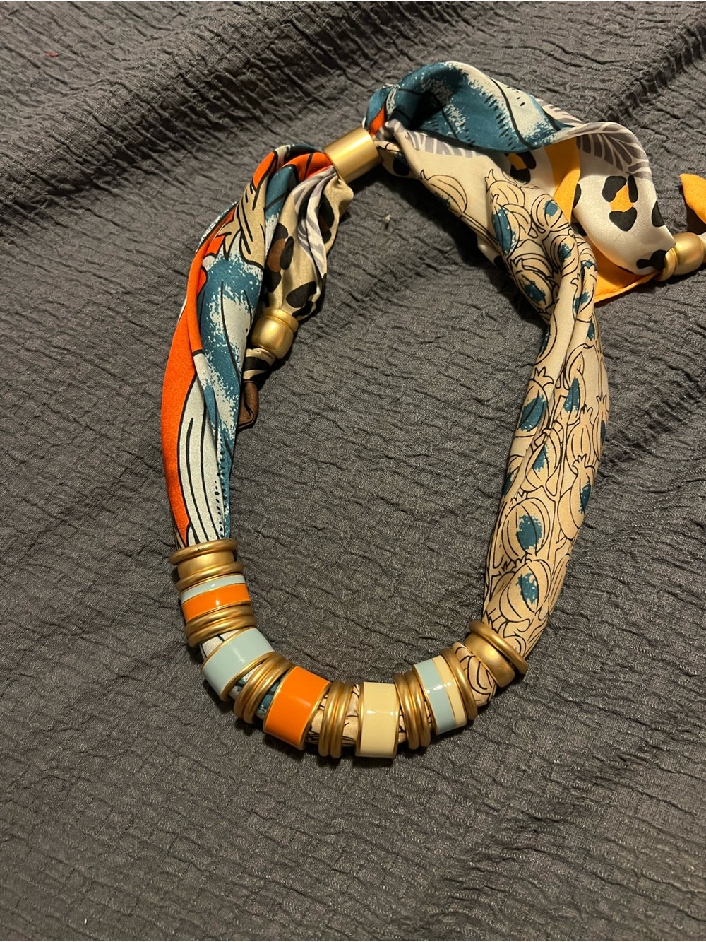 Silk Scarf Necklace with Orange, Teal and Cream Beads